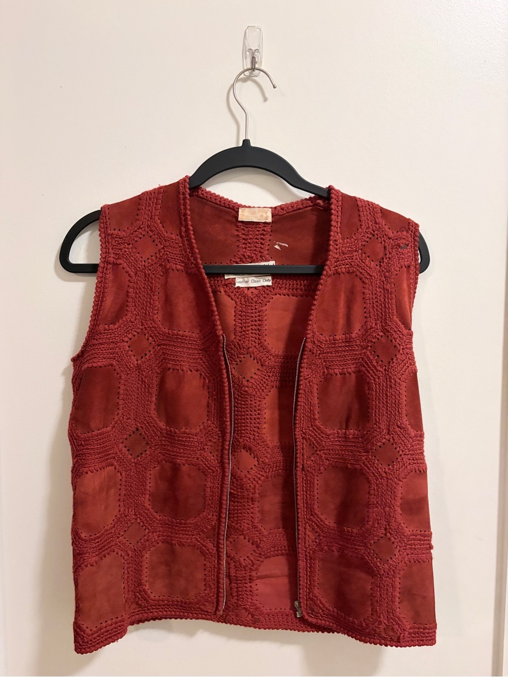 Bondit Teller leather and wool Red Crochet Sleeveless Zip Vest